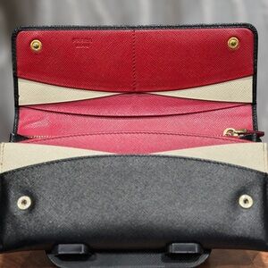 Authentic Prada Saffiano Leather Flap Wallet Black Gold Logo Long Wallet